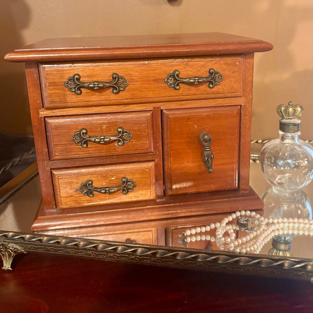 Vintage Powell Wooden Jewelry Box Mini Dresser Chest Organiser 4 Drawer